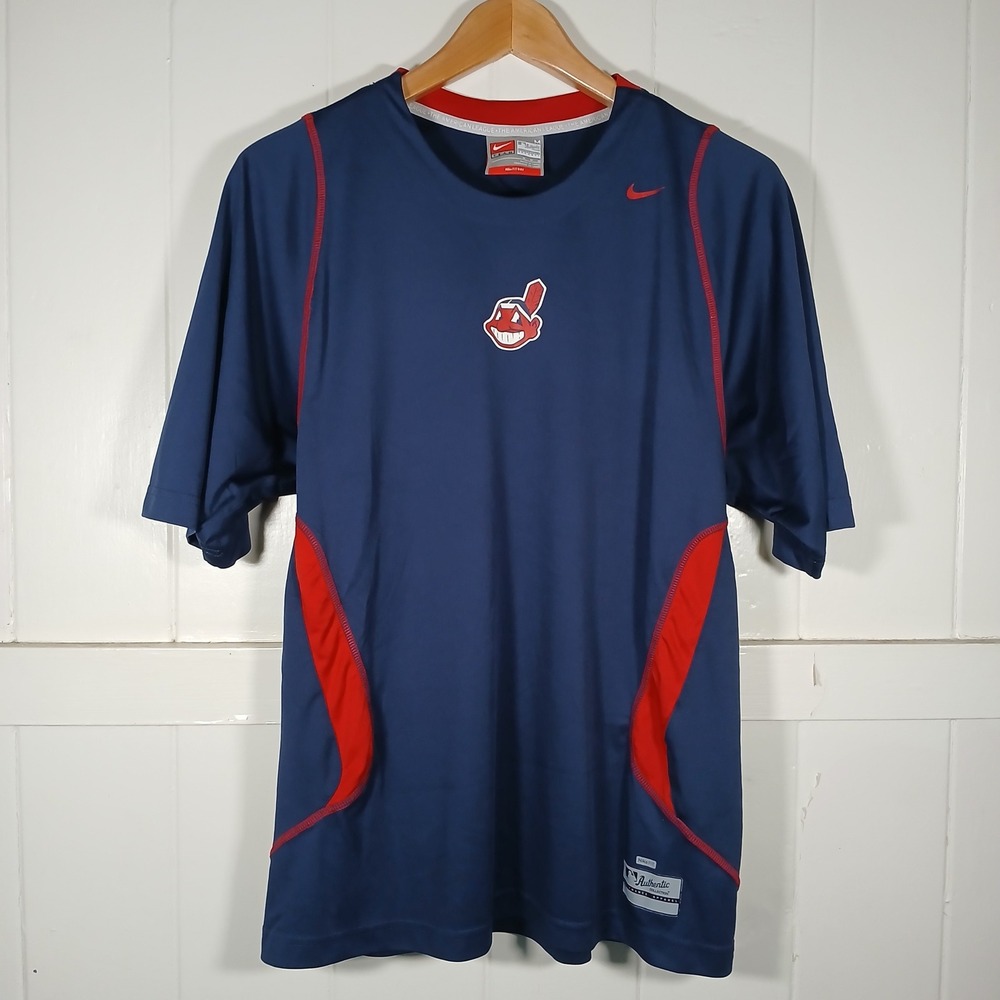 Nike MLB Cleveland Indians Chief Wahoo Shirt Mens Medium Blue Red Baseball